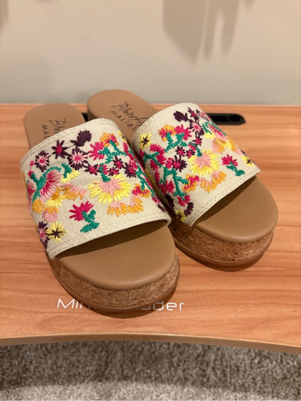 Blowfish Malibu Embroidered Cork Platform Slide Sandals in Beige